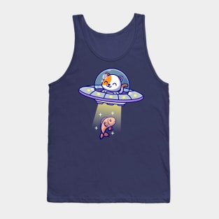 Cute Cat Catching Fish With Ufo Cartoon Tank Top